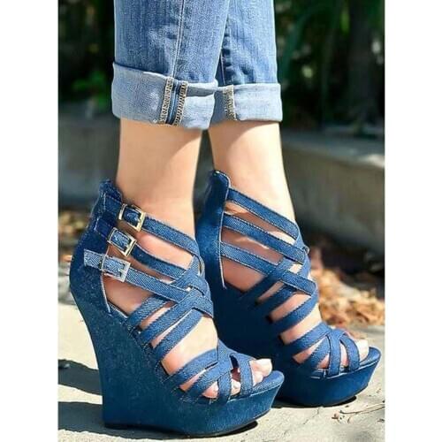 Blue Denim Straps Buckle Platform Wedge Heels Sandal Woman Summer Peep Toe Gladiator Cowboy Cross Strap Cutouts Dress Shoe