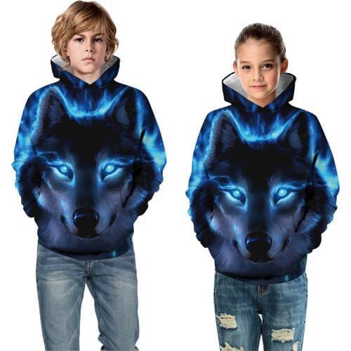 Boys Girls Wolf 3D Print Hoodies Teens Spring Autumn Outerwear Kids Hooded Sweatshirt Clothes Children Long Sleeve Pullover Tops