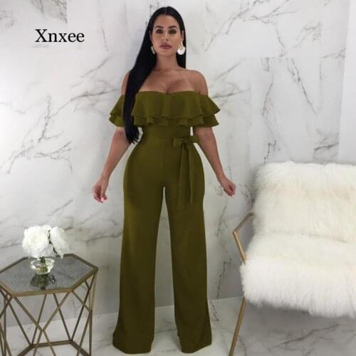 Streetwear Solid Sexy Jumpsuits for Women Boot Cut Jumpsuit Women Slash Neck Ruffles Womens Jumpsuit Female