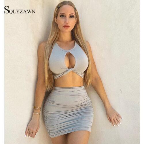Ruched Party Dresses 2019 Chest Hollow Out Crop Top And Mini Skirt 2 Piece Set Bodycon Sexy Neon Color Celebrity Bandage Dress