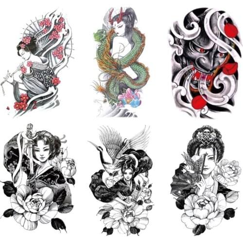 Waterproof Temporary Tattoo Stickers Geisha Prajna Demon Flower Half Arm Simulation Water Transfer Body Art Flash Fake Tattoos