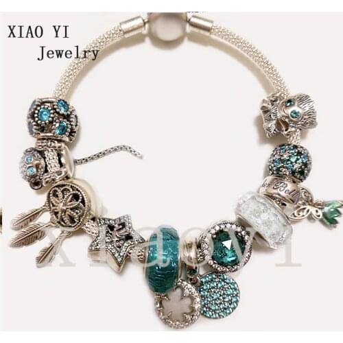 XIAOYI 2020 New 100% S925 Blue stars dream dense zircon carved butterfly glass lucky leaves temperament personalized bracelet