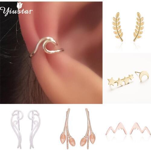 Yiustar Vintage Gold Rose Leaf Earrings Cuff Ear Climbers Women Birthday Jewelry Sea Waves Fake Piercing Body Bijoux Gift