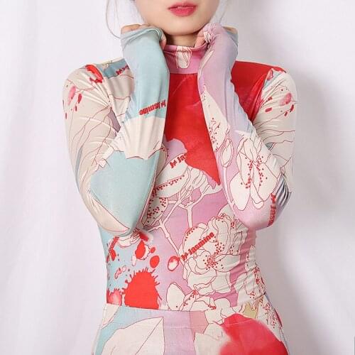 Women White Patttern Print Split T-shirt New Turtleneck Long Sleeve Fashion Tide Spring Autumn 2020 Brand Design Clothing