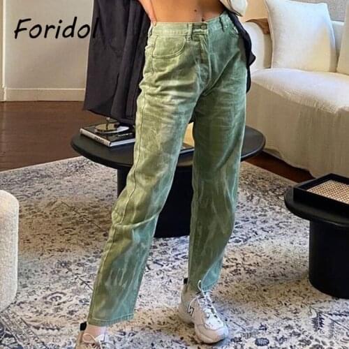 Foridol Tie-dyed Denim Pants Casual Straight Jeans Green Streetwear Pants Trousers Women 2021 Harajuku Long Pants Bottom