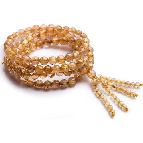 Genuine Natural Titanium Gold Rutilated Quartz Three-Laps Powerful Stone Bead Women Man Bracelet 6mm