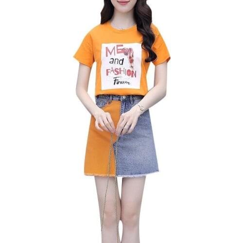 High Quality Summer Skirt Suits Women Letter Print O Neck T-shirt + Bag Hip Denims Skirts Set