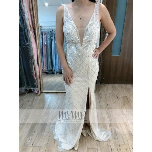 MYMB Sparkly Elegant White Evening Prom Dress Plunging Neck Sleek High Split Bodice Women Wedding Party Gowns vestidos de fiesta