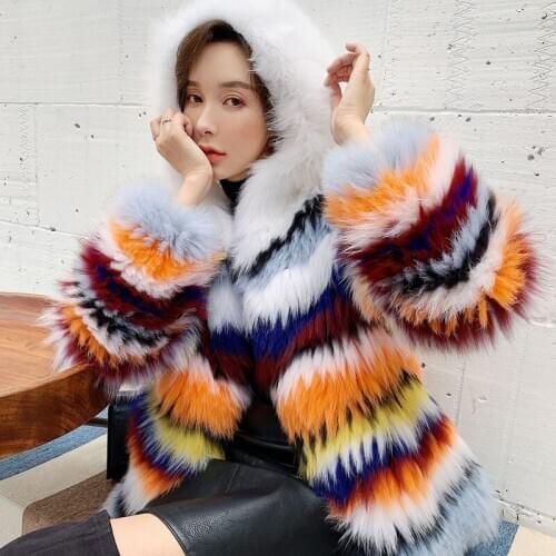 Winter Loose Knitting Fox Fur Grass Coat Women Hoodie Stripe Color Fashion Office Jacket Thick Warm High Quality Outwear
