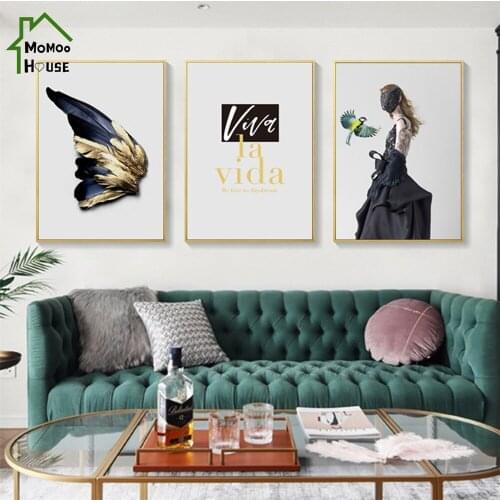 Nordic Abstract Canvas Painting Masked Girl and Black Wings Poster for Living Room Wall Art Decorative Picture Home Deocr