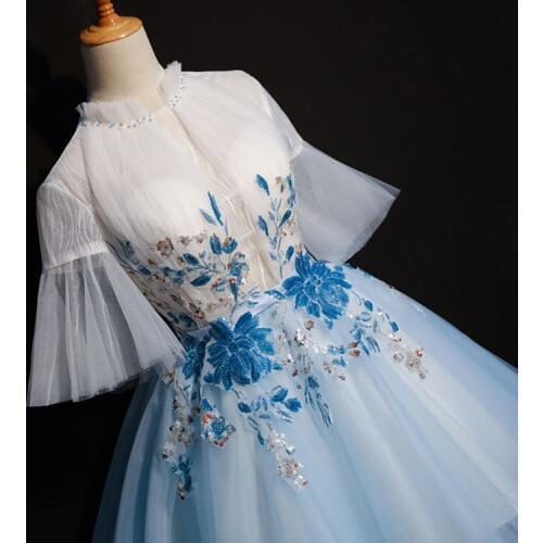 Free ship short light blue flower embroidery flare sleeve tutu lolita alice cosplay short ball gown medieval dress