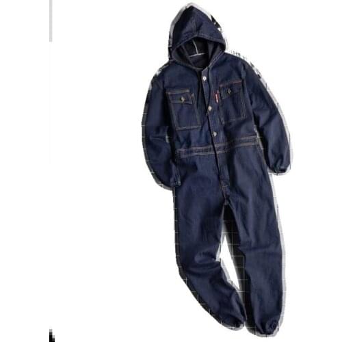 Mens Workwear Lightning Feet Hooded Long Sleeve Lapel Pants Size Loose Sports Jumpsuit Blue Overalls