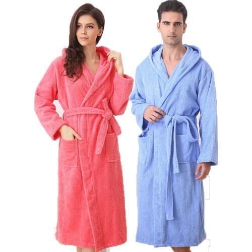 Hooded cotton men bathrobe plus siez XL pajamas women towel fleece robe winter thick soft long loves home spring white blue