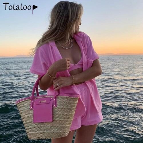 Totatoop Summer Casual Outwear Women Two Piece Set Turn Down Collar Short Sleeve T Shirts And Wide Leg Shorts Matching Suit 2021