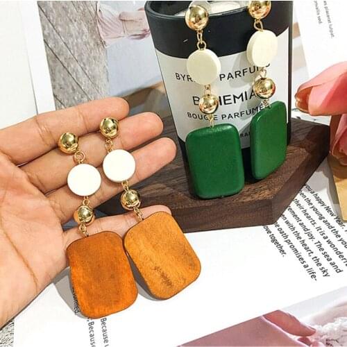 Korean Retro Geometric Wooden Earrings Simple Temperament Long Wood Earrings Womens Jewelry