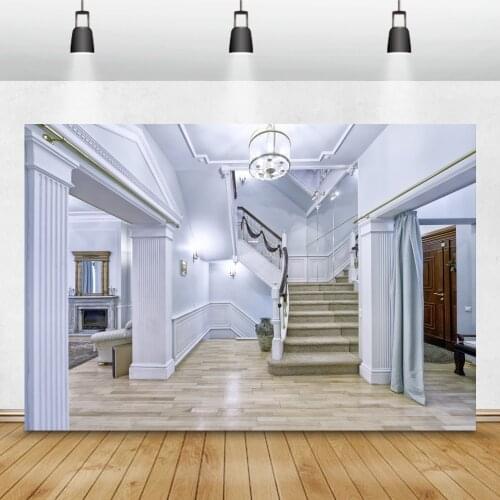 Laeacco Living Room Stairs Curtain Fireplace Light Wooden Floor Interior Photo Background Photographic Backdrop For Photo Studio