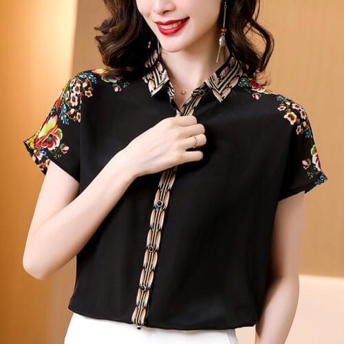 Summer Satin silk shirts women vintage flower print loose basic shirt blouse tops lady fashion new design casual Chiffon shirts