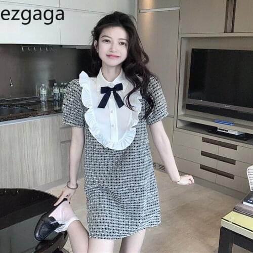 Ezgaga Bow Mini Dress Women Sweet Puff Sleeve Ruffles Patchwork Plaid Dresses Korean Chic Turn-Down Collar Casual Vestidos
