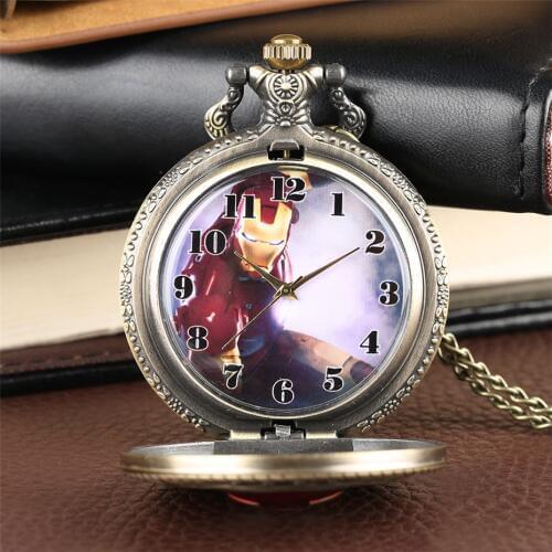 Retro Bronze Iron-Man Design Quartz Pocket Watch Full Hunter Exquisite Necklace Pendant Clock for Men Women Kids Dropshipping