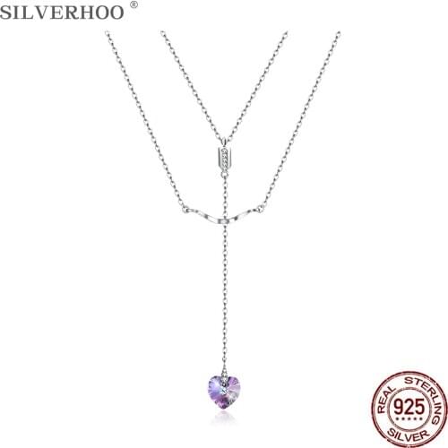 SILVERHOO 925 Sterling Silver Heart Purple Crystal Pendant Necklace Long Tassels Double Chains Fine Jewelry Girlfriend Gift