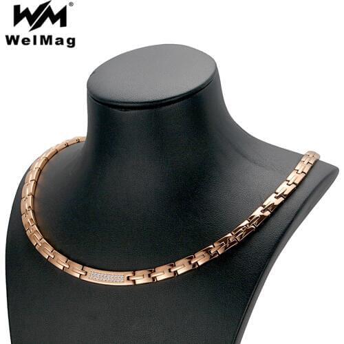 WelMag Dropship Rose Gold Necklace Womens Crystal Jewelry Stainless Steel Blood Pressure Hematite Magnetic Necklaces New