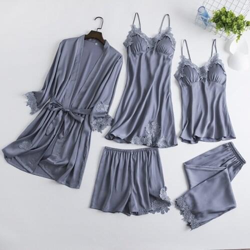 5PCS PJS Satin Pajamas With Trousers Women Nightwear Lace Kimono Gown Robe Set Sexy Loungewear V-Neck Sleepwear Lounge Lingerie