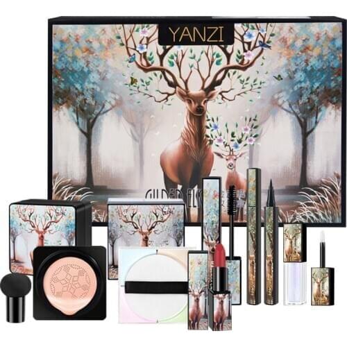 Gilding Elk Cosmetic Makeup Set Mushroom Air Cushion Eyeliner Mascara Eye Shadow Makeup Powder Velvet Lipstick Kit Gift Box New