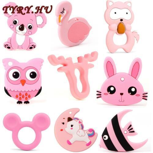 TYRY.HU 1pc Silicone Animal Series Teether Silicone Beads Pendant Accessories Unicorn Raccoon Flamingos Owl Fox Tortoise Teether