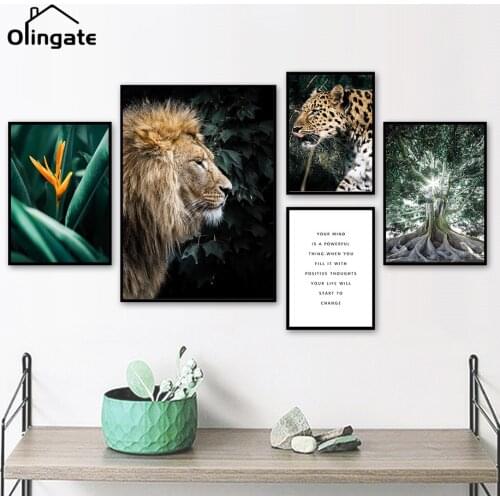 Simple Quotes Text Jungle Cheetah Lion Canvas Painting Nordic Green Leaf Tree Wall Art One Piece Canvas Poster Home Decoration