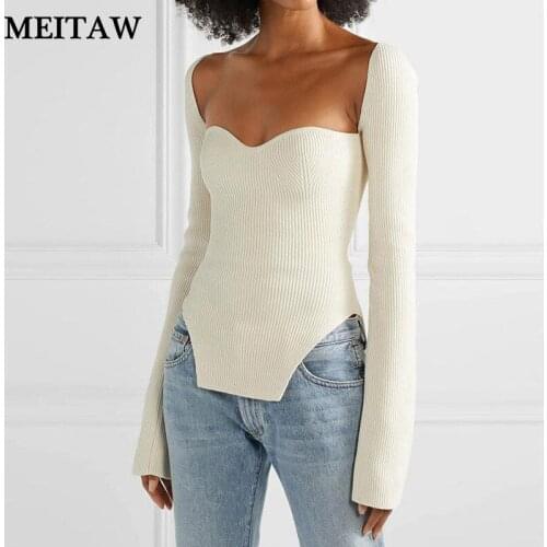 Sexy Square Collar Bodycon Pullover 2020 Spring Autumn Long Sleeve Knitting Sweaters Casual Solid Side Split Tops