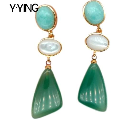 Geometric Natural Green stone Green Peruvian Amazonite White Shell gold color plated Stud Earrings vintage style for women