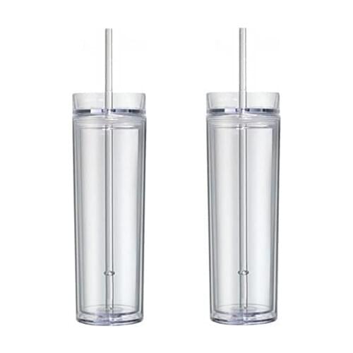 2Pack Skinny Acrylic Tumblers With Lid And Straw, 16oz Double Wall Clear Plastic Tumblers ,Clear Reusable Acrylic Cup With Straw