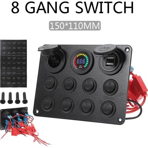 1pc 8 Gang LED Switch Panel Dual USB Car Boat Marines Blue Lights Rocker Breaker Voltmeter 12V-24V Cigarette Lighter Charge