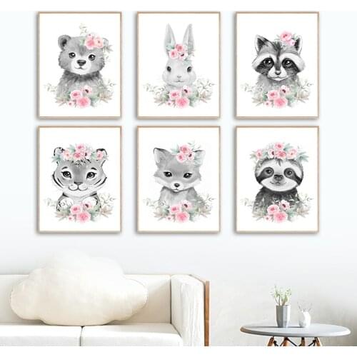 Tiger Lion Koala Rabbit Bear Fox Flower Baby Wall Art Canvas Painting Nordic Posters And Prints Wall Pictures Kids Room Decor