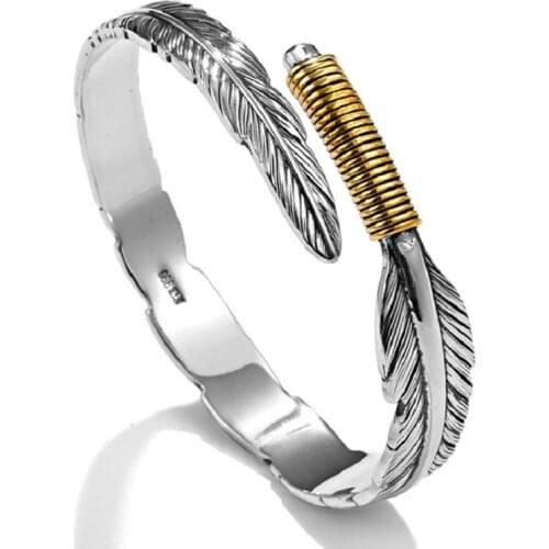 Todorova Vintage Silver Color Feather Shape Open Cuff Bangle Bracelet For Men Women Classic Retro Style Rock Jewelry