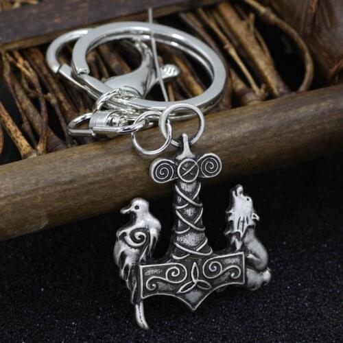 Viking Celtic Norse Odin Thors Hammer Mjolnir Viking wolf and raven ancient Birds Keychain