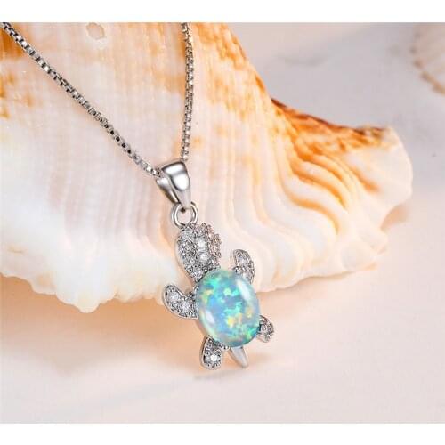 Vintage Silver Color Chain Necklace Dainty Small Turtle Pendant Necklace White Opal Oval Stone Cute Animal Necklaces For Women