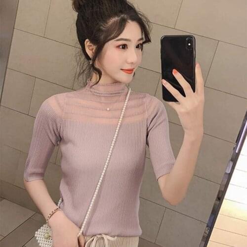 Women T Shirt Fashion Knitted Hollow Out Patchwork Tees Top Summer Female Casual T-shirt