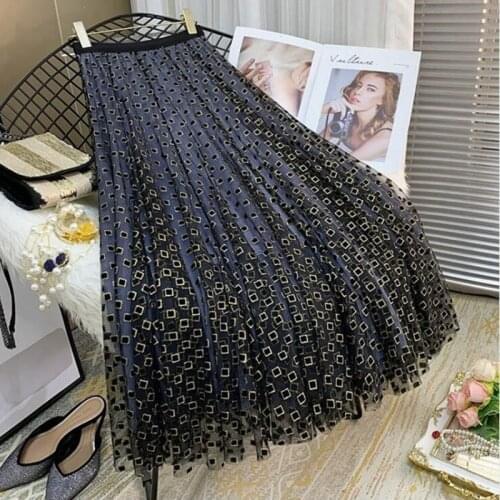 2021 Summer Heavy Shinny Gold thread Plaid Embroidery Skirt Female Womens Mid-Length High Waist Elegant Tulle A-line Skirt