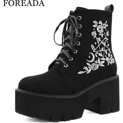 FOREADA Woman Shoes Ankle Boots Autumn Flower Platform Thick Heel Shoes High Heel Round Toe Zipper Ladies Ankle Boots Punk 43
