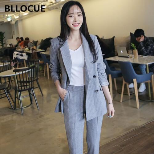 BLLOCUE Work Pant Suits OL 2 Piece Set for Women Double Breasted Blazer and Straight Atriped Pants Office Lady Suit 4 Colour