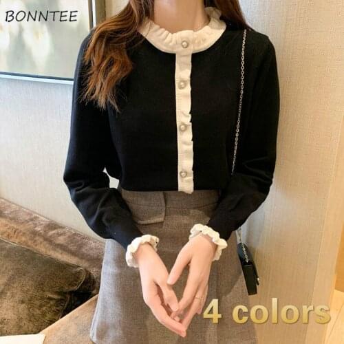 Cardigan Women Elegant Patchwork Design Vintage Knitting Ruffles Spring Fashion Ulzzang Feminino Slim Sweaters All-match Jumper