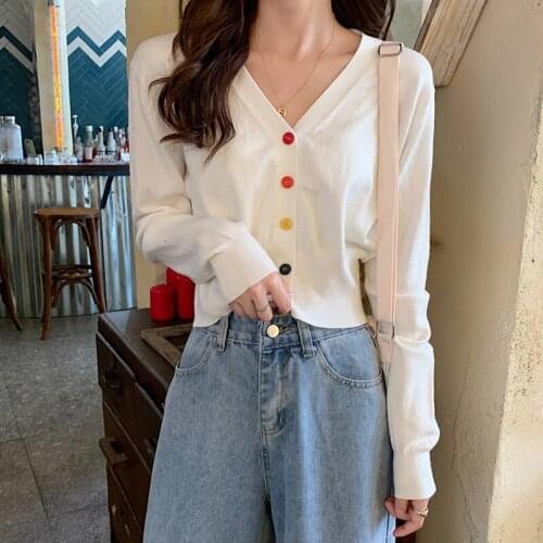 Womens Knitting Cardigan Cute Color Button Slim V-neck Long Sleeve Knitted Fabric Short Top Wholesale 2021 New Female Clothing