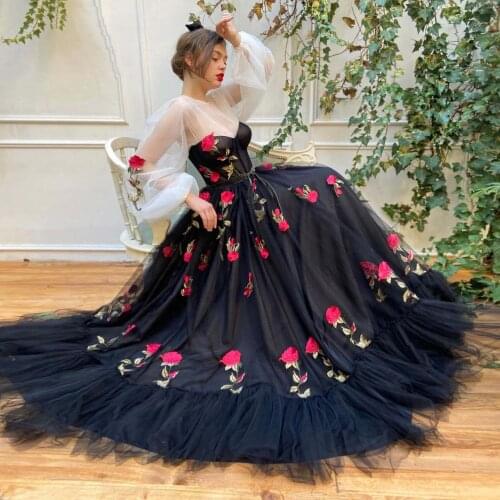 Black Formal Long Evening Dresses 2021 O Neck Puff Long Sleeves Tulle Ball Gown Appliques Women Party Prom Elegant Gowns
