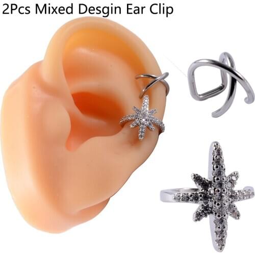 2Pcs Ear Clip Mixed Desgin Can Adjustable On Piercing Ear Cartilage Conch Cuff CZ Earrings Body Jewelry for Women