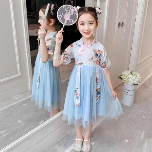 2021 Summer Girls Hanfu Clothes Kids Florla Dresses For Children Girls Mesh Flower Party Wedding Princess Tutu Dress 4 -12 Years