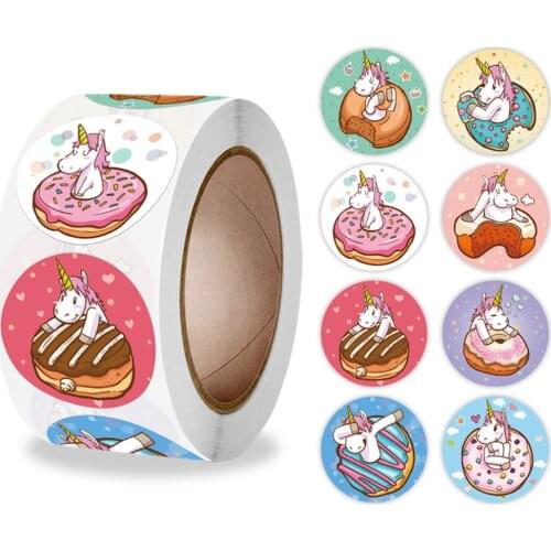 500pcs/Roll Reward Sticker Kids Toy Cute Cartoon Donuts Unicorn Animals 1 Inch 8 Designs Stickers For Children Christmas Gifts