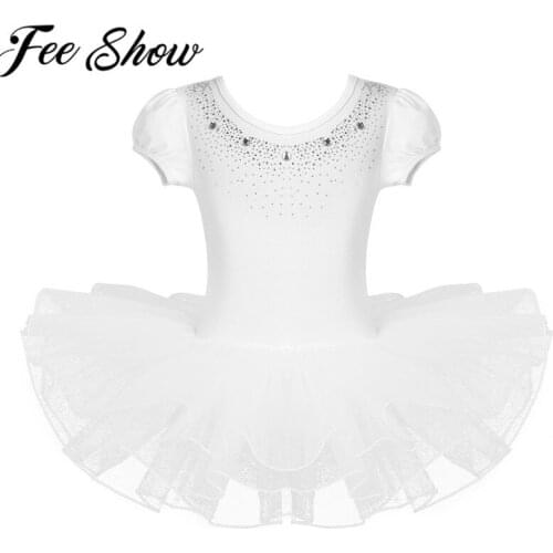 FEESHOW Kids Ballet Tutu Dresses Mesh Short Bubble Sleeves Sparkly Rhinestones Ballerina Dance Gymnastics Leotard Girls Dress