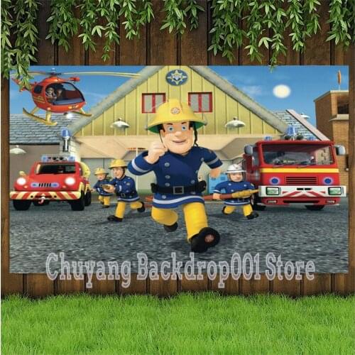 Custom Cartoons Fireman Sam Photo Backdrop Boys Happy Birthday Party Fire Truck Decoration Kids Photography Backgrounds Banner