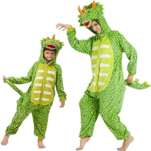 Dragon Dinosaur Full Polyester Sleepwear Parent-child Sleepwear Romper Flannel Homewear Light Green Animal